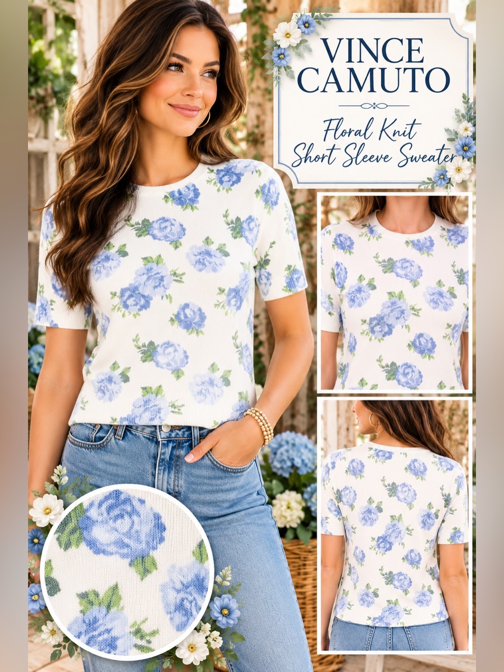 Vince Camuto White Short Sleeve Floral Knit Top with Blue Roses